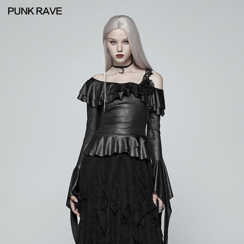 WT-550 Gothic Stretch Dark Pattern Asymmetric Collar Top With Ruffle Cuff?-??Punk Rave Clothing