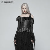 WT-550 Gothic Stretch Dark Pattern Asymmetric Collar Top With Ruffle Cuff?-??Punk Rave Clothing