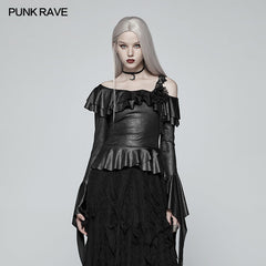 WT-550 Gothic Stretch Dark Pattern Asymmetric Collar Top With Ruffle Cuff?-??Punk Rave Clothing