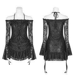 WT-552 Gothic Off Shoulder Halter Neck Horn Sleeves Lace Mini Shirt?-??Punk Rave Clothing