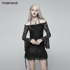 WT-552 Gothic Off Shoulder Halter Neck Horn Sleeves Lace Mini Shirt?-??Punk Rave Clothing