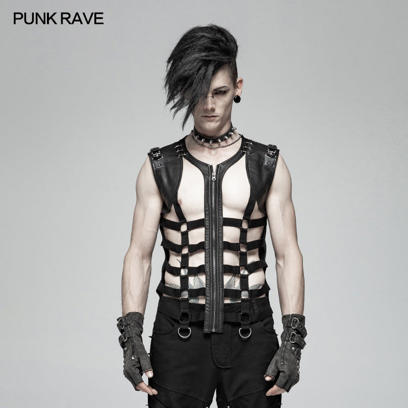 WT-565 Men Punk Personality Skeleton PU Vest?-??Punk Rave Clothing