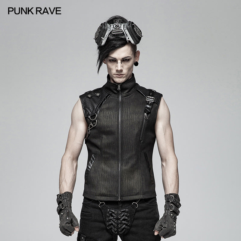 WY-1002 Handsome Punk Standing Collar Zipper Vest For Men?-??Punk Rave Clothing