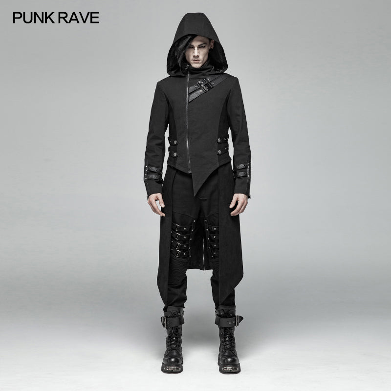 WY-1028 Men Punk Split Hooded Jacket Asymmetrical Long Trench Coat?-??Punk Rave Clothing