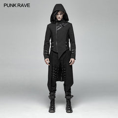 WY-1028 Men Punk Split Hooded Jacket Asymmetrical Long Trench Coat?-??Punk Rave Clothing