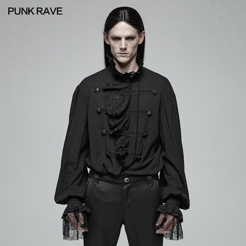 WY-1031 Men Gothic Partial Placket Lotus Leaf Loose Shirt With Standing Collar?-??Punk Rave Clothing
