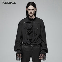 WY-1031 Men Gothic Partial Placket Lotus Leaf Loose Shirt With Standing Collar?-??Punk Rave Clothing
