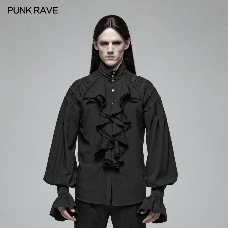 WY-991 Men Dark Victorian Standing Collar Loose Ruffle Long Sleeve Shirt?-??Punk Rave Clothing