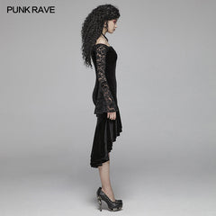 WQ-418 Gothic Women Velvet Long Sleeve High-low Lace Dress?-??Punk Rave Clothing