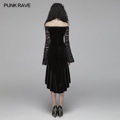 WQ-418 Gothic Women Velvet Long Sleeve High-low Lace Dress?-??Punk Rave Clothing
