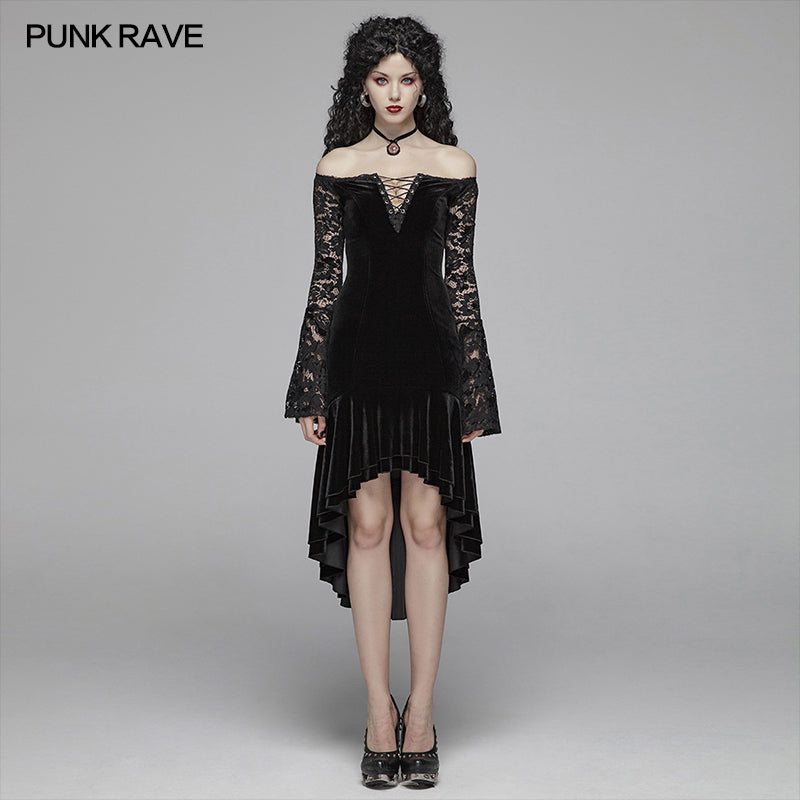 WQ-418 Gothic Women Velvet Long Sleeve High-low Lace Dress?-??Punk Rave Clothing