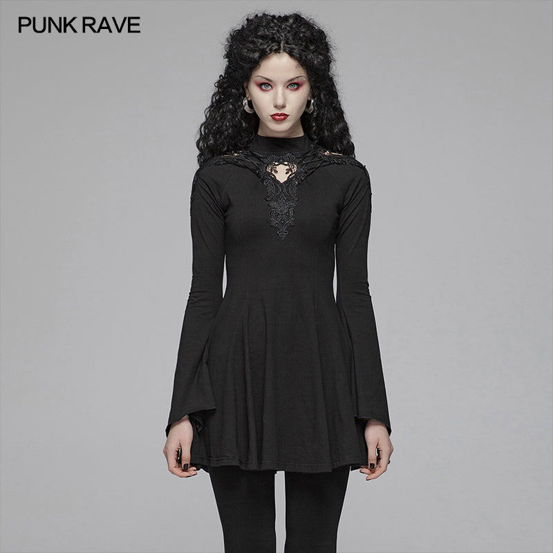 WQ-412 Gothic Women Hollow-out Collar Long Sleeve High Neck A-line Short Dress?-??Punk Rave Clothing