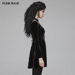 OQ-410LQF Gothic Daily Cross Halter-Neck Long Sleeve Velvet Short Dress For Women?-??Punk Rave Clothing
