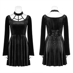 OQ-410LQF Gothic Daily Cross Halter-Neck Long Sleeve Velvet Short Dress For Women?-??Punk Rave Clothing