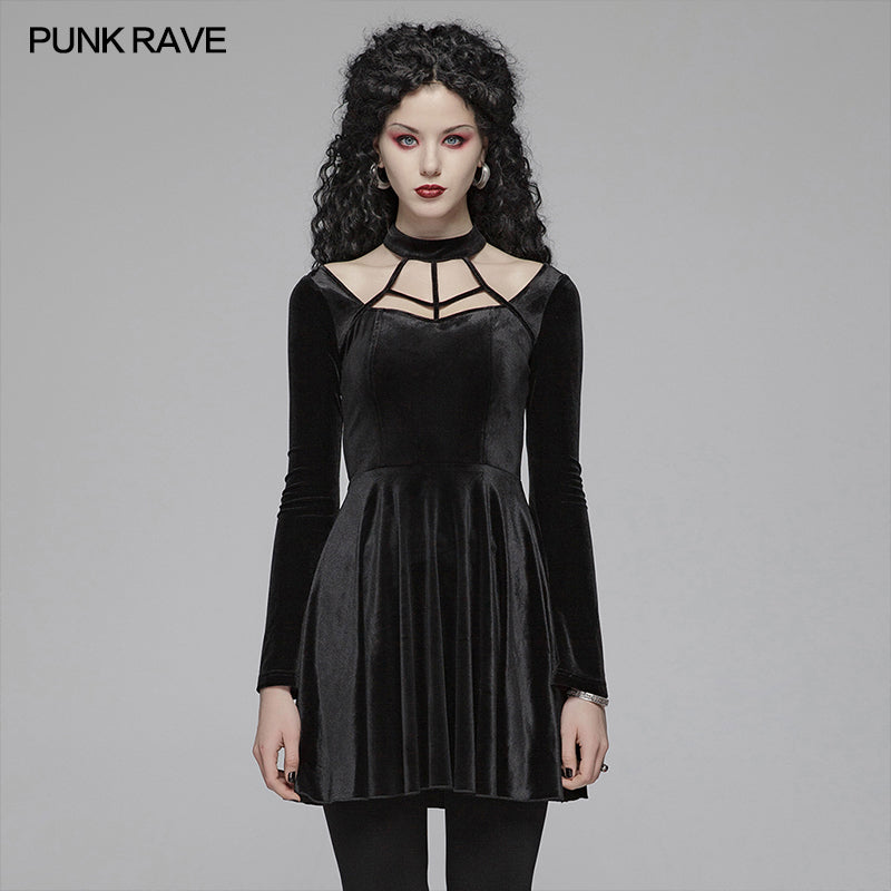 OQ-410LQF Gothic Daily Cross Halter-Neck Long Sleeve Velvet Short Dress For Women?-??Punk Rave Clothing
