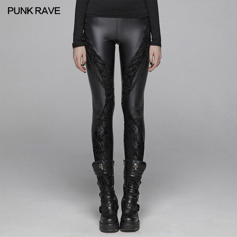 WK-377 Gothic Women Elasticity Knit PU Legging Pants With Curves Lace Decoration?-??Punk Rave Clothing