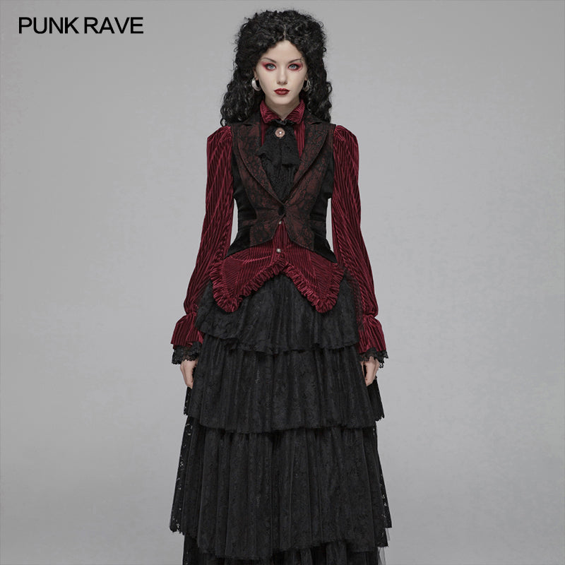 WY-1055 Gothic Red And black Tuxedo Vest V-neck Tailcoat For Women?-??Punk Rave Clothing
