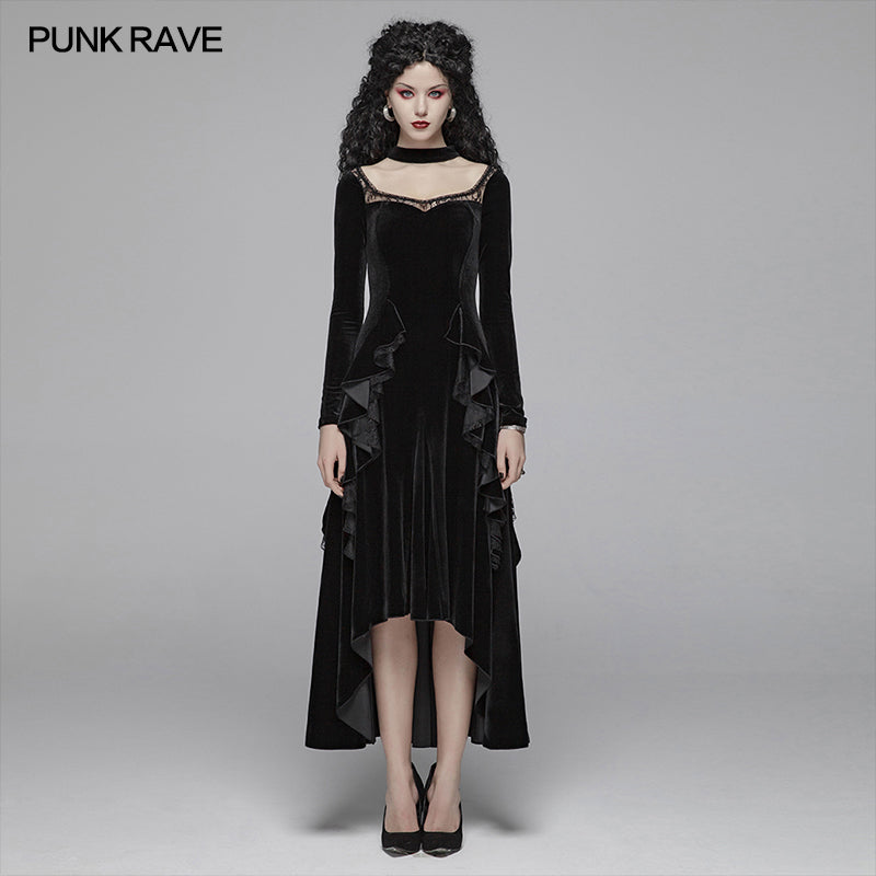 OQ-417 Gothic Daily Women Long Sleeve Velvet High-low Long Dress With Lace?-??Punk Rave Clothing