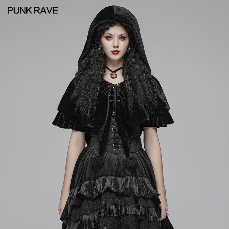 WLY-092 Lolita Velvet Short Hooded Loose Cloak With Cute Wooly Balls?-??Punk Rave Clothing