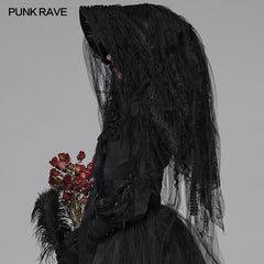 WLS-056 Lolita Dark Hat Long Irregular Tulle And Lace Headwear With Three-dimensional Flower Decoration?-??Punk Rave Clothing