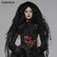 WLS-056 Lolita Dark Hat Long Irregular Tulle And Lace Headwear With Three-dimensional Flower Decoration?-??Punk Rave Clothing