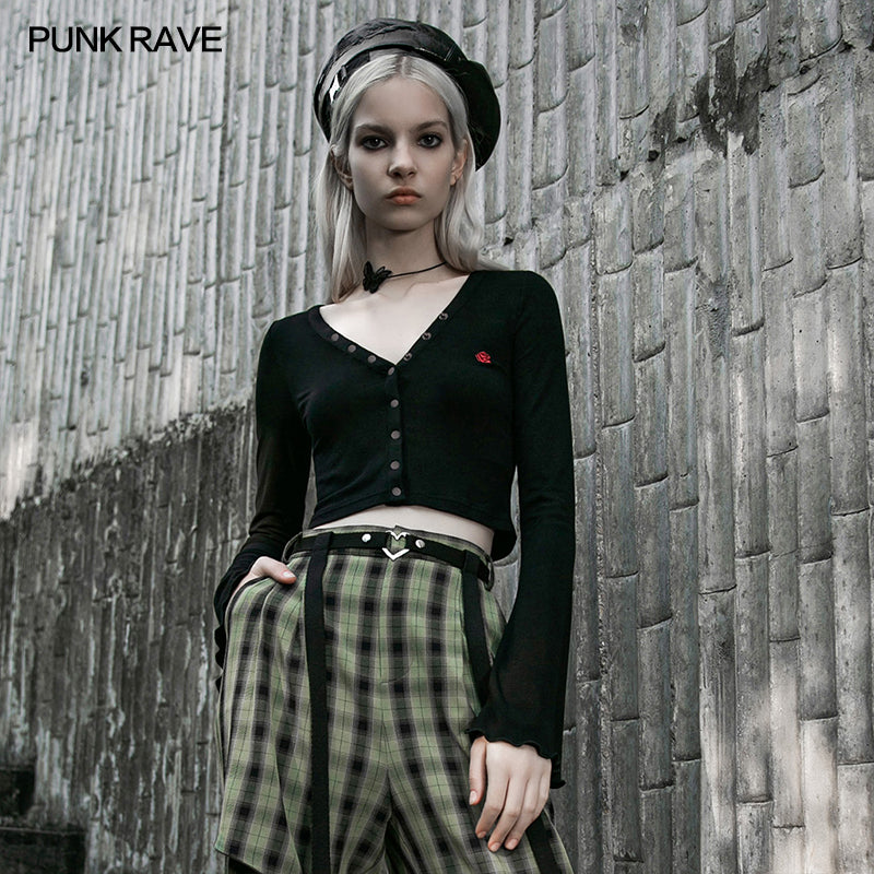 OPT-453TCF Embroidered V-neck horn sleeve T-shirt?-??Punk Rave Clothing