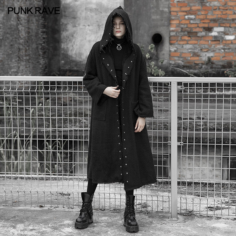 OPY-362DQF Eyelet Dark Burrs Loose Long coat (with belt)?-??Punk Rave Clothing