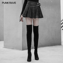 OPQ-439BQF High Waist Metal Buckle Decorative Pleated PU Half Skirt?-??Punk Rave Clothing