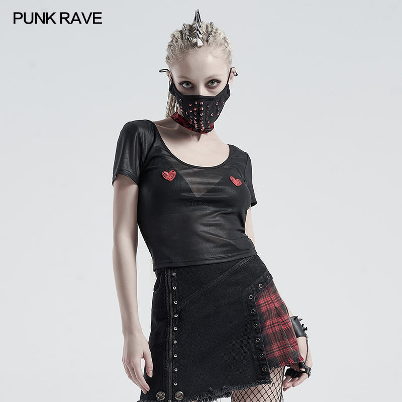 WT-649TCF Daily peach heart paste cloth mesh t-shirt?-??Punk Rave Clothing