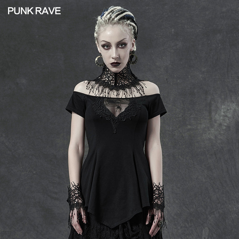 WT-648TDF Gothic spider horizontal neck T-shirt?-??Punk Rave Clothing