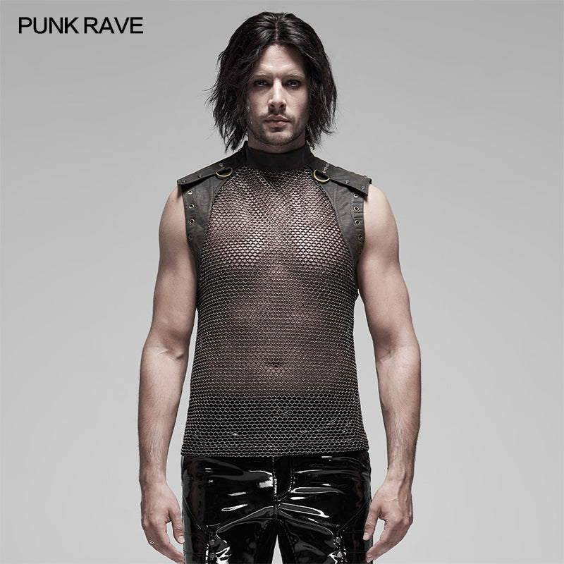 WT-620BXM Mens See-through Mesh Punk Vest with Studded Shoulders?-??Punk Rave Clothing
