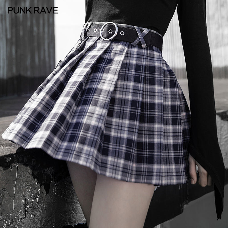 OPQ-710BQF Belt pleated plaid half skirt?-??Punk Rave Clothing