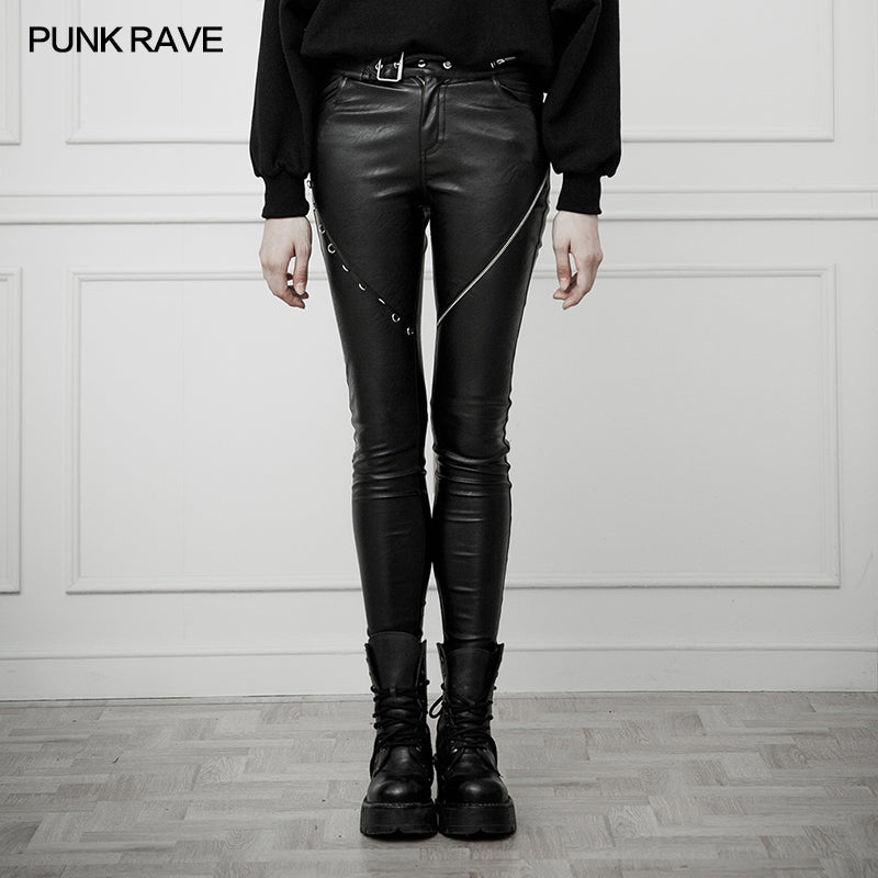 OPK-251 Heavy Industry Asymmetric Metal Design Skinny PU Pants?-??Punk Rave Clothing