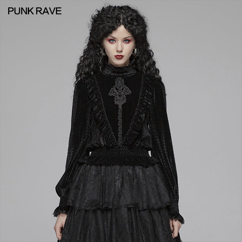 WT-571 Gothic Middle Collar Dark-grain Velvet Blouse For Women?-??Punk Rave Clothing