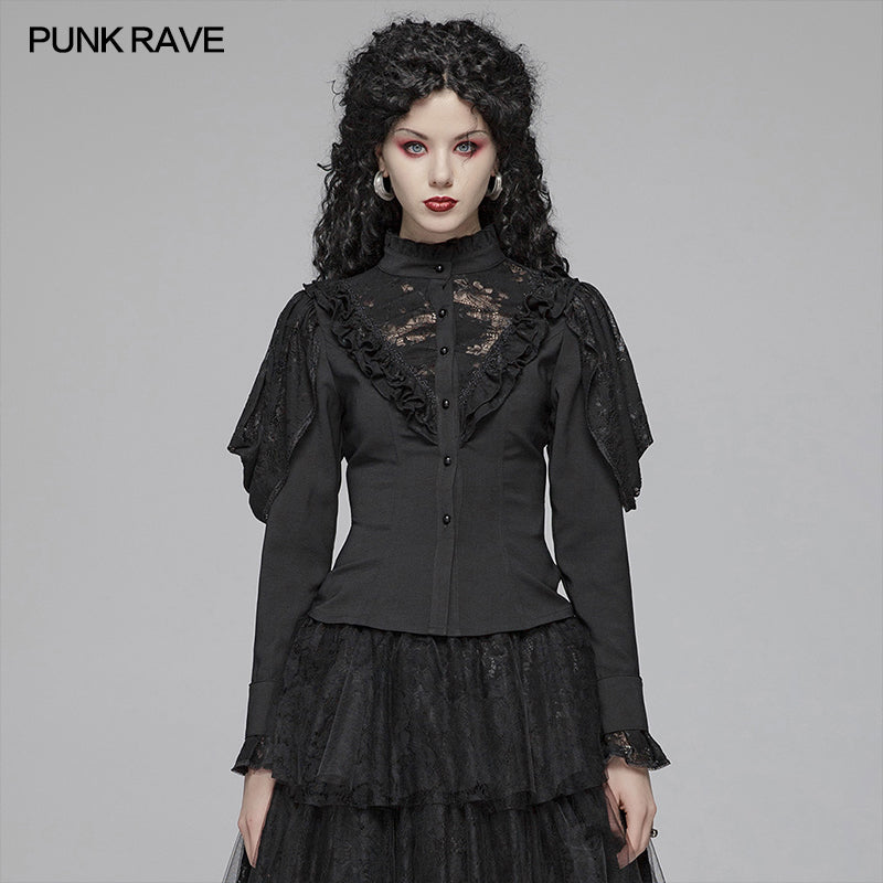WY-1042 Gothic Long Shirt With Irregular Hollow-out Lace Design For Women?-??Punk Rave Clothing