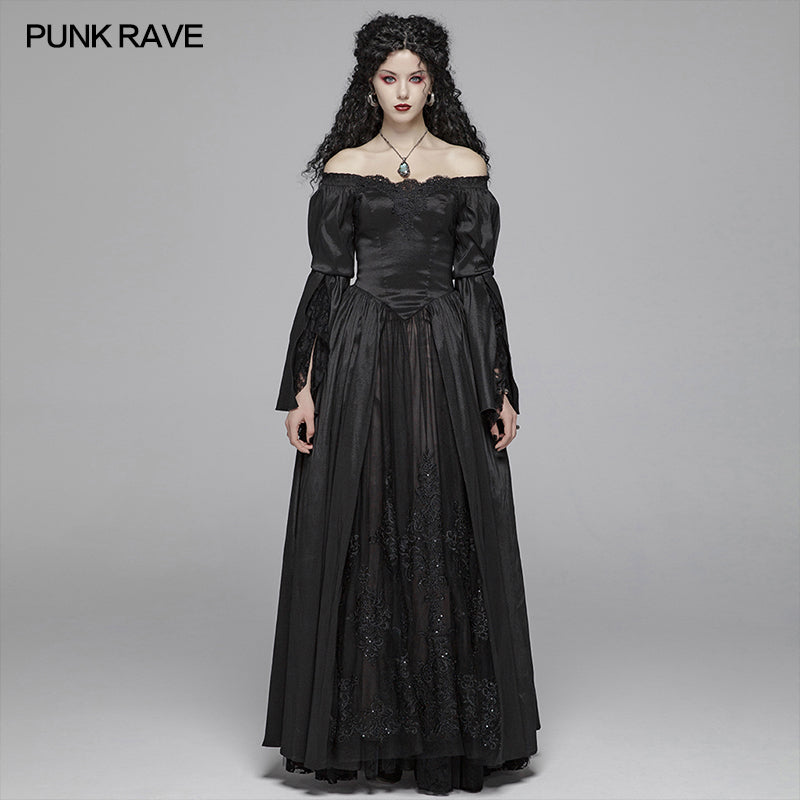 WQ-419 Victorian Gothic Off The Shoulder Long Sleeve Lace-up Dresses?-??Punk Rave Clothing