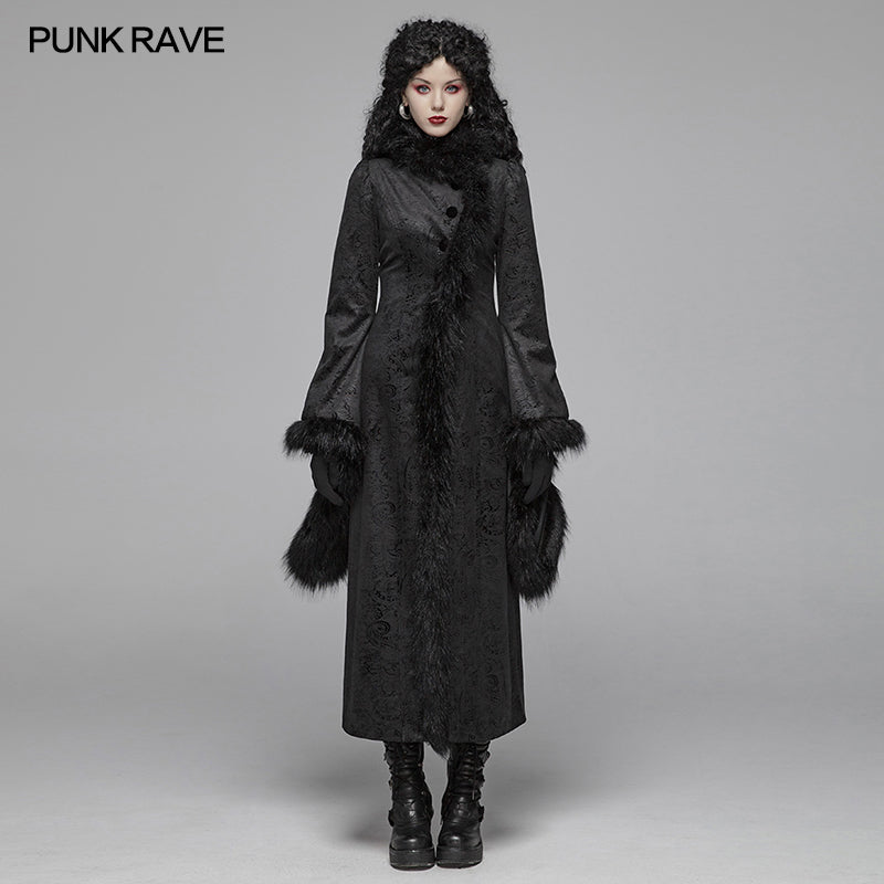 WY-1036 Gothic Gorgeous Fur High Collar Jacquard Long Coat?-??Punk Rave Clothing