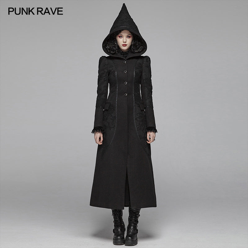 WY-1046 Gothic Long Woolen Coat With Pointed Hooded For Women?-??Punk Rave Clothing