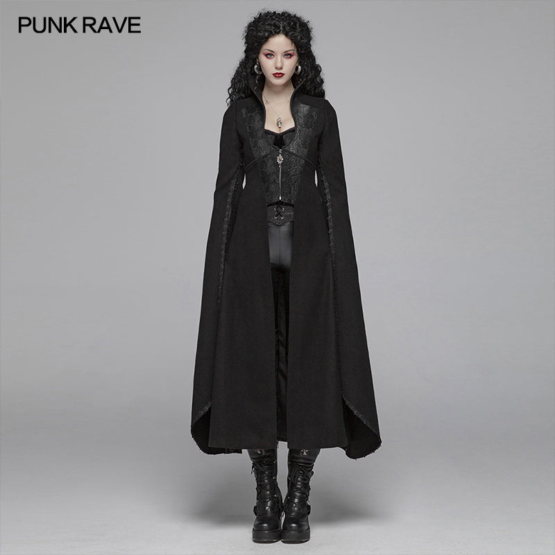 WY-1044 Gothic Double-sided Woolen Standing Collar Long Coat With Broken Block-style Sleeves For Women?-??Punk Rave Clothing