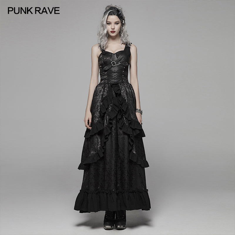 WQ-408 Steampunk Ruffle Lace-up Long Dress For Women?-??Punk Rave Clothing
