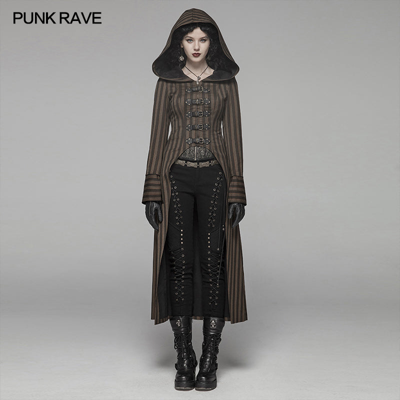 WY-1034 Steam Punk Hooded Striped High-low Long Coat?-??Punk Rave Clothing