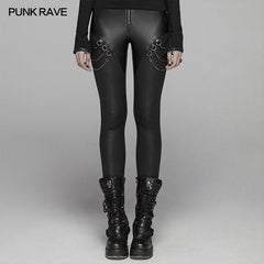 WK-375 PUNK Women PU Leather Leggings Crack Velvet Tight Pants With Detachable Metal Chain?-??Punk Rave Clothing