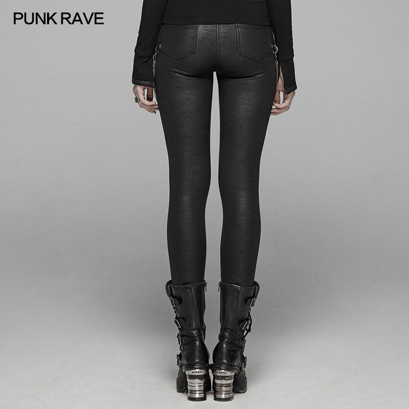 WK-375 PUNK Women PU Leather Leggings Crack Velvet Tight Pants With Detachable Metal Chain?-??Punk Rave Clothing