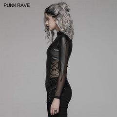WT-576 Punk Sexy PU Leather And Elastic Mesh Stitching Long Sleeve T-shirt For Women?-??Punk Rave Clothing