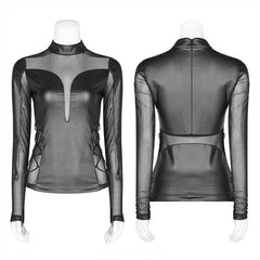 WT-576 Punk Sexy PU Leather And Elastic Mesh Stitching Long Sleeve T-shirt For Women?-??Punk Rave Clothing