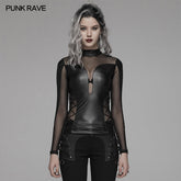 WT-576 Punk Sexy PU Leather And Elastic Mesh Stitching Long Sleeve T-shirt For Women?-??Punk Rave Clothing