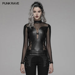 WT-576 Punk Sexy PU Leather And Elastic Mesh Stitching Long Sleeve T-shirt For Women?-??Punk Rave Clothing
