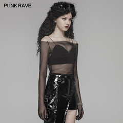 WT-578 PUNK Off The Shoulder Elastic Transparent Mesh Long Sleeve T-shirt For Women?-??Punk Rave Clothing