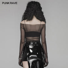 WT-578 PUNK Off The Shoulder Elastic Transparent Mesh Long Sleeve T-shirt For Women?-??Punk Rave Clothing