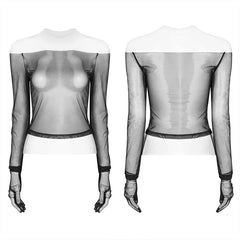 WT-578 PUNK Off The Shoulder Elastic Transparent Mesh Long Sleeve T-shirt For Women?-??Punk Rave Clothing